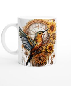 Fågel & Solros Keramisk Mugg – Steampunk Inspirerad Konst för Din Vardagsfavorit