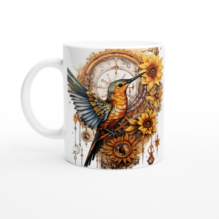 Fågel & Solros Keramisk Mugg – Steampunk Inspirerad Konst för Din Vardagsfavorit