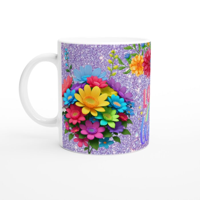 Keramisk Mugg – "Love Wins" med gnistrande glitter och regnbågsblommor