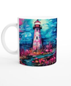 Neon Lighthouse Keramisk Mugg – Konstnärlig Vardagsfavorit i Psykedeliska Färger