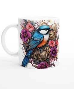 Steampunk Fågelmugg – Blåmes med Blommor & Kugghjul