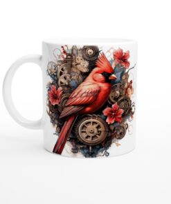 Steampunk Kardinal Mugg – Unik design med mekaniska detaljer & levande fågelmotiv