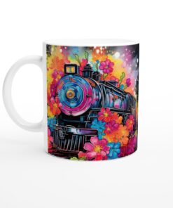 Färgglad Express Mugg – Konstnärlig Keramikmugg med Levande Blommor & Tågdesign