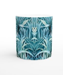 Tropisk Blå Grön Keramikmugg - 11oz Vit med Blad- och Blomstermotiv