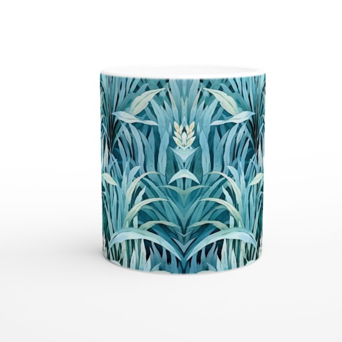 Tropisk Blå Grön Keramikmugg - 11oz Vit med Blad- och Blomstermotiv