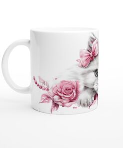 Söt kattunge och rosa rosor – Keramisk Mugg 11 oz