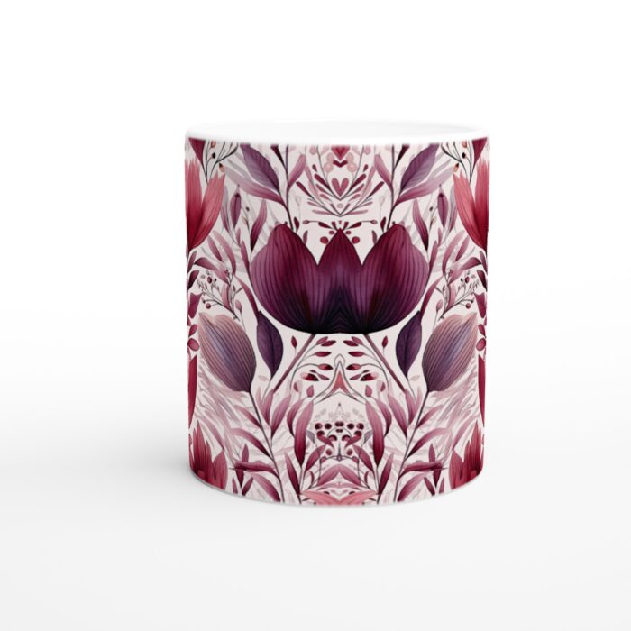 Lyxig Cerise Blomstermugg – Vit 11oz Keramisk Mugg med Elegant Akvarelldesign