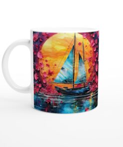 Keramisk Mugg – Drömsk Seglats med Rosa Blomregn