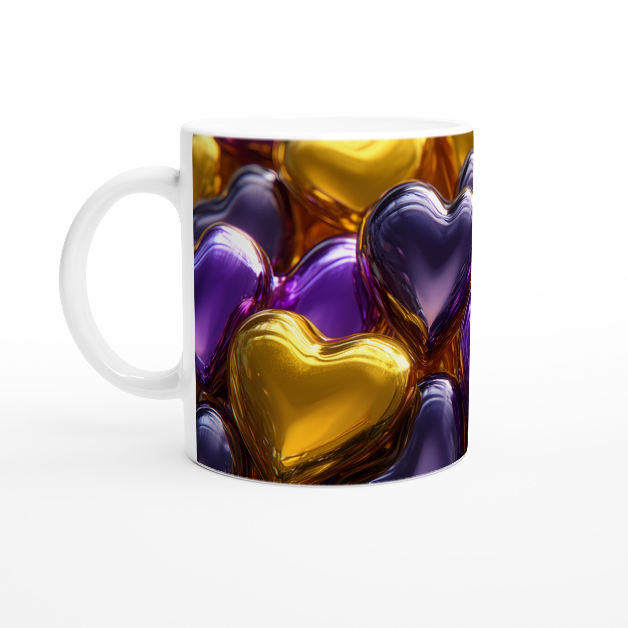 Kärleksmugg: Lila och Guldhjärtan – Vit 11oz Keramisk Mugg
