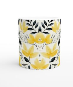 Gul & Grå Blommig Keramisk Mugg – 11 oz Vit Mugg med Akvarellmönster