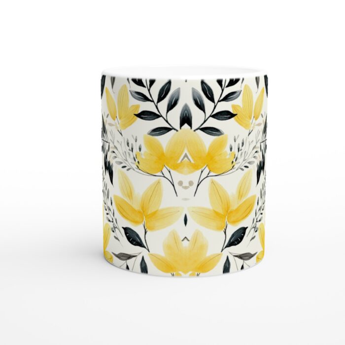 Gul & Grå Blommig Keramisk Mugg – 11 oz Vit Mugg med Akvarellmönster