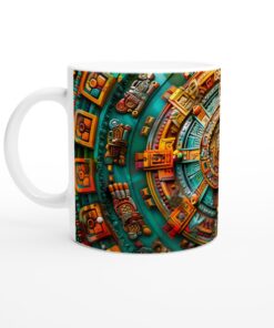 Aztec Solmugg – Vit 11oz keramisk mugg med intrikata uråldriga mönster och livfulla färger