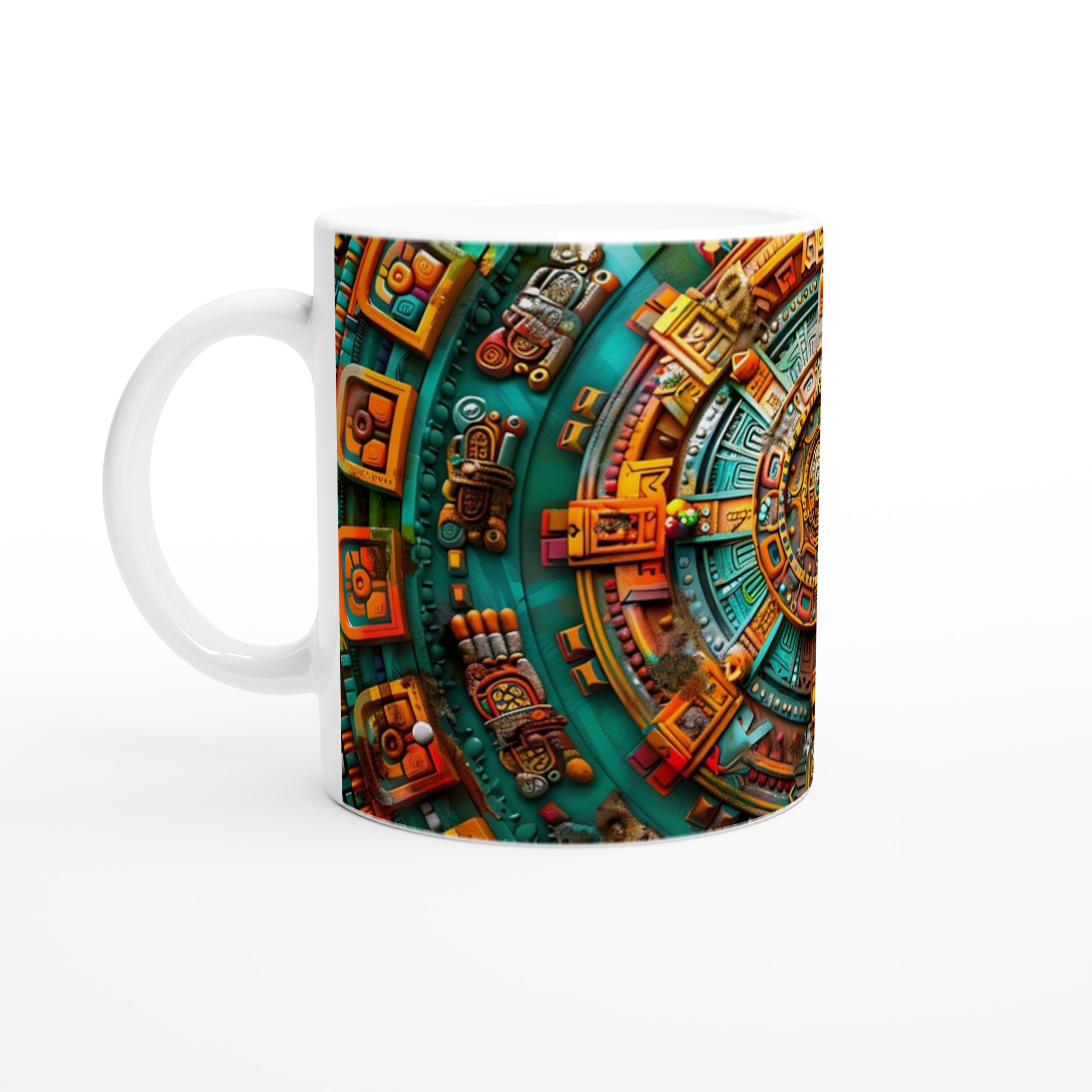 Aztec Solmugg – Vit 11oz keramisk mugg med intrikata uråldriga mönster och livfulla färger