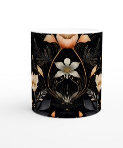 Lyxig 11oz Keramisk Mugg med Guldfärgade Blommor – Elegant Svart Bakgrund