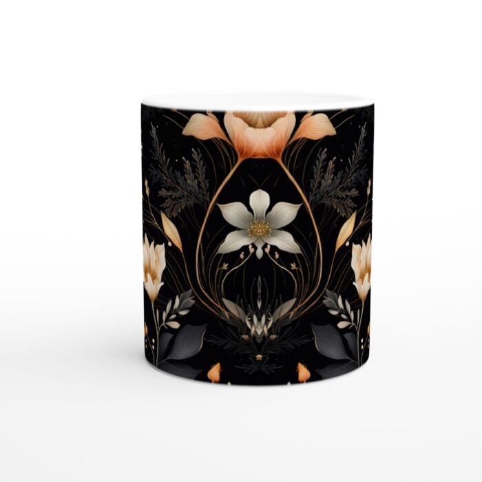 Lyxig 11oz Keramisk Mugg med Guldfärgade Blommor – Elegant Svart Bakgrund