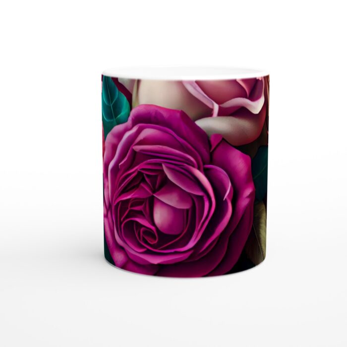 Mörkrosa Blomstermugg 11oz - Konstnärlig Keramisk Kaffemugg med Dramatiska Rosor och Gröna Blad