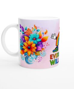 Mugg – 'Everything Will Be OK' Regnbågsmugg med Blommiga Detaljer – Färgstark Keramisk Vardagsfavorit