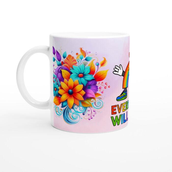 Mugg – 'Everything Will Be OK' Regnbågsmugg med Blommiga Detaljer – Färgstark Keramisk Vardagsfavorit