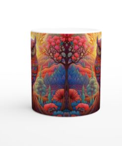 Färgsprakande Ugglor i Psykedelisk Skog – 11oz Keramisk Mugg