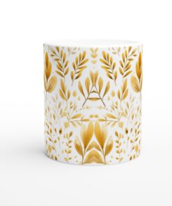Gyllene Flora 11oz Keramisk Mugg – Konstnärlig Akvarelldesign med Botaniska Blad