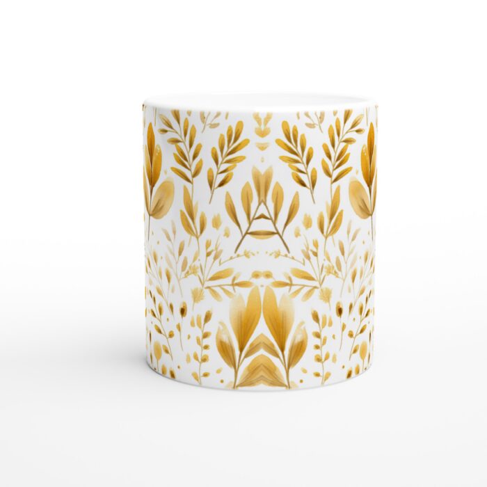 Gyllene Flora 11oz Keramisk Mugg – Konstnärlig Akvarelldesign med Botaniska Blad