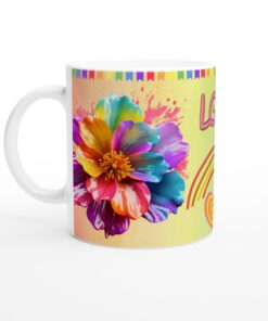 Kärleksfull Keramisk Mugg – Färgglad Vardagsfavorit med Levande Blommor & Regnbågstema
