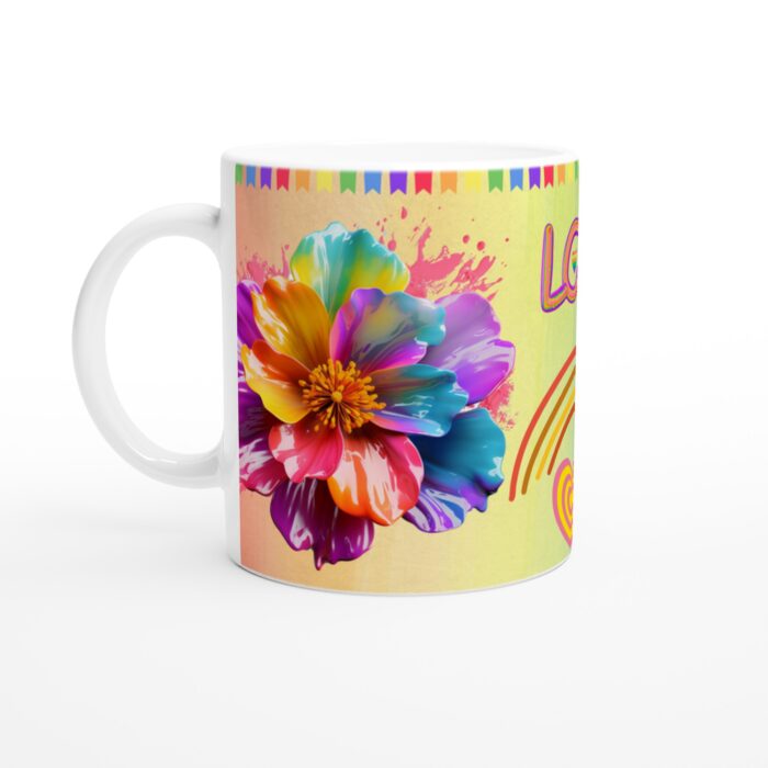 Kärleksfull Keramisk Mugg – Färgglad Vardagsfavorit med Levande Blommor & Regnbågstema