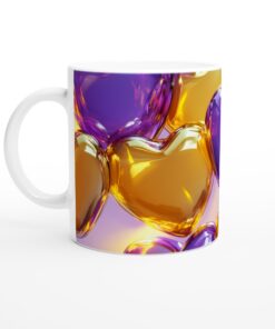 Vit 11oz keramisk mugg - Gyllene och Lila Hjärtan