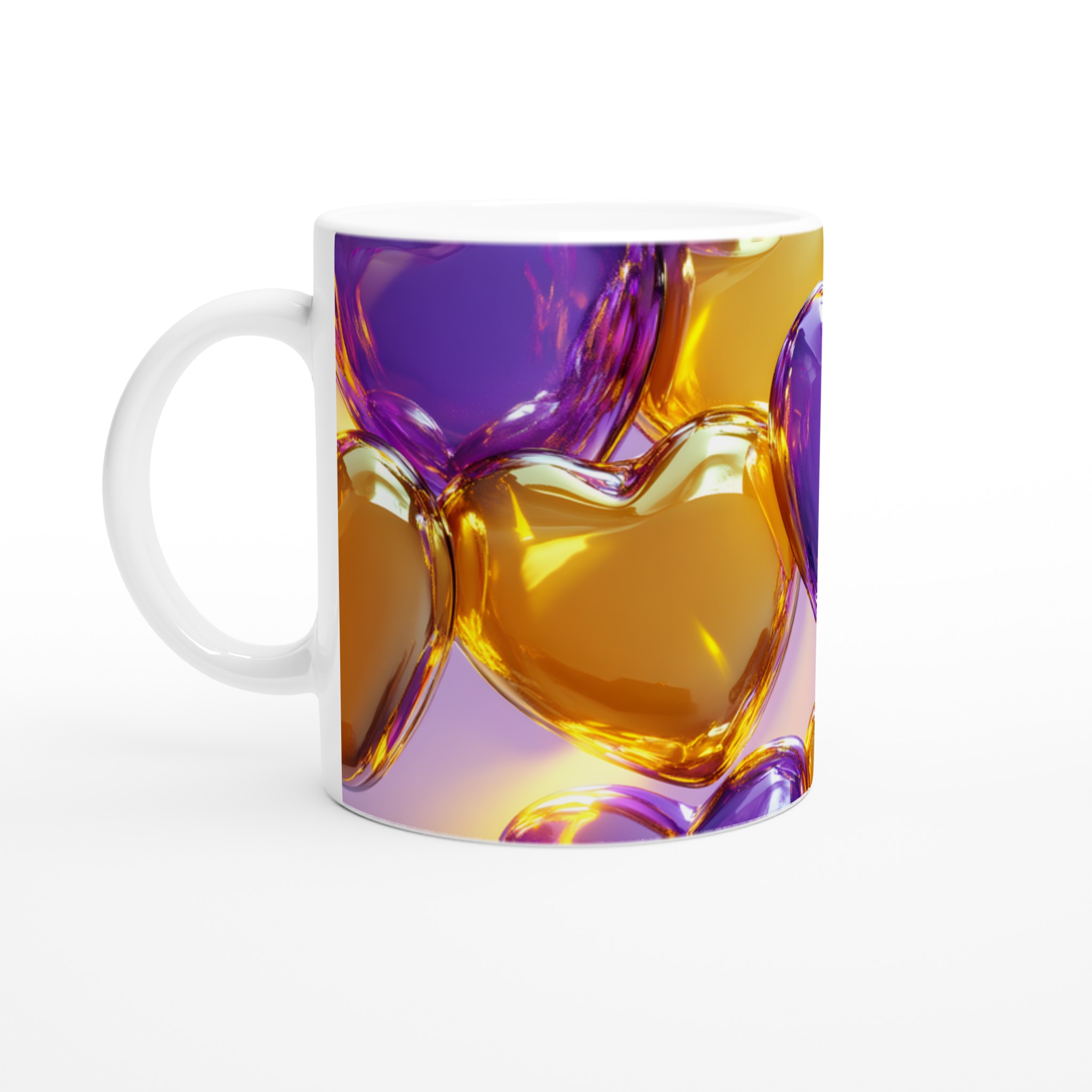 Vit 11oz keramisk mugg - Gyllene och Lila Hjärtan