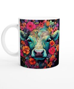 Färgsprakande Blomsterko – Keramisk Mugg med Konstnärlig Design