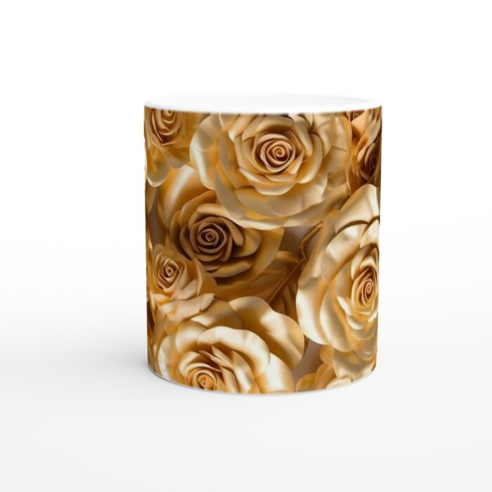 Lyxig Gyllene Ros Keramikmugg - 11oz Vit Kaffekopp med Exklusivt Blomstermotiv