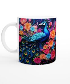 Keramisk mugg med levande påfågels- och blomstermotiv – en färgglad favorit för varje fika