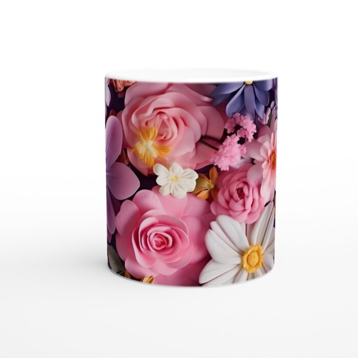 Blomstrande Pastellmugg – Vit Keramisk Kopp med Mjukt Rosigt Blommotiv, 11oz