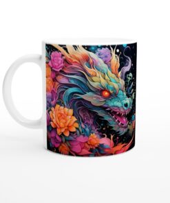 Keramisk Mugg – Färgglad Drakdesign med Blommor och Vattenfärgseffekt