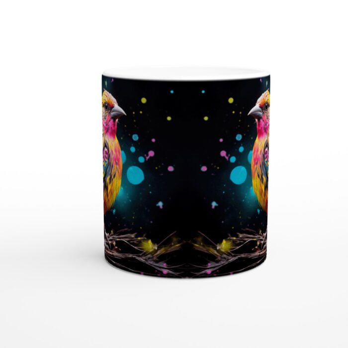 Färgsprakande Fågel Keramikmugg - 11oz Vit Kopp med Unikt Konsttryck för Kaffe, Te och Varm Choklad