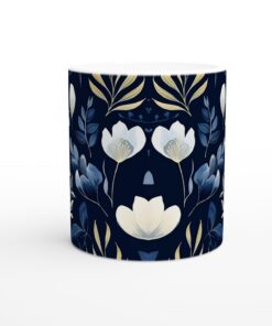 Lyxig Blå Blomstermugg – Vit Keramik 11oz med Gyllene Accent