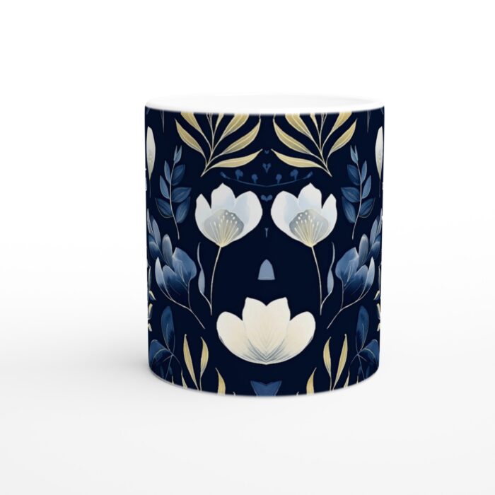 Lyxig Blå Blomstermugg – Vit Keramik 11oz med Gyllene Accent