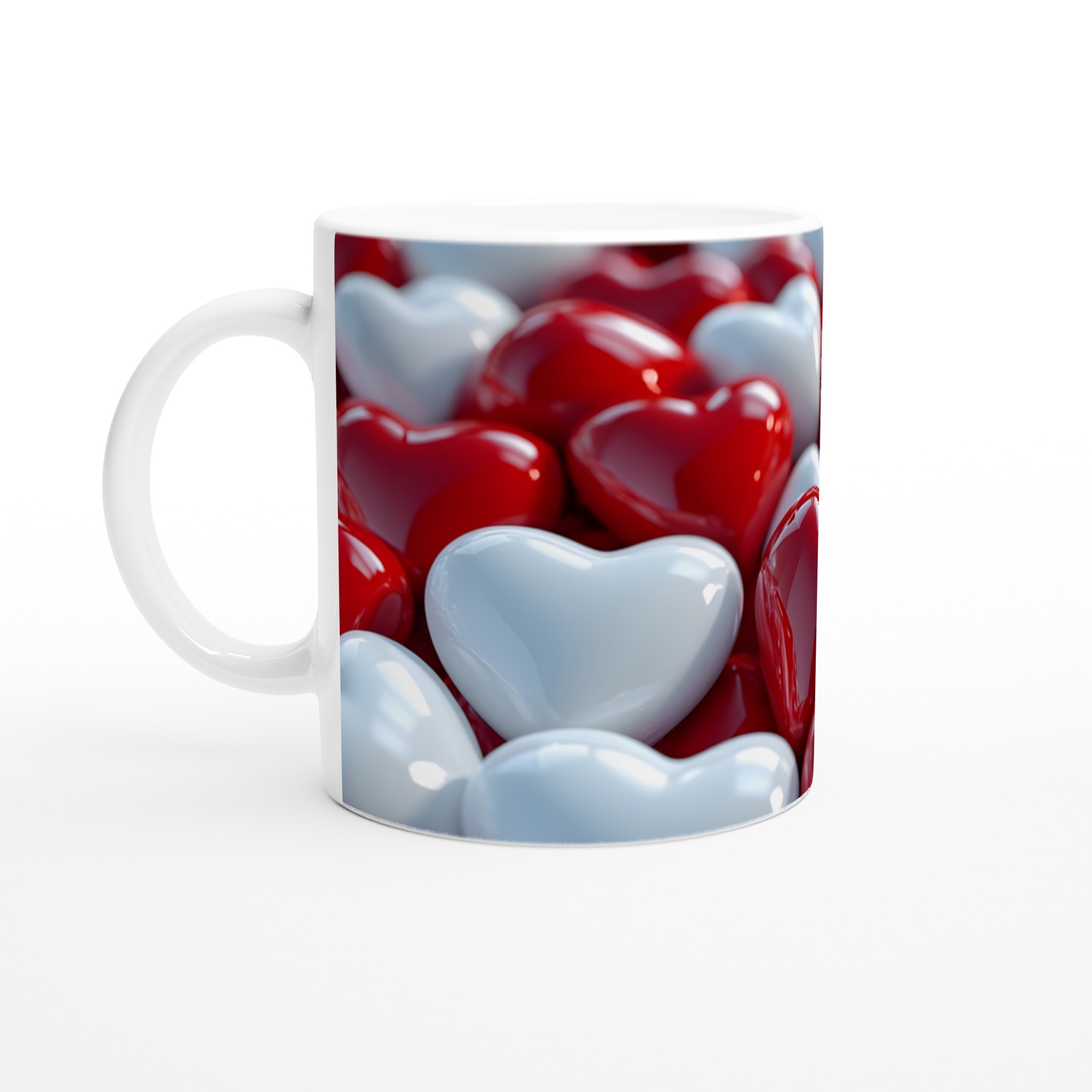 Kärlekens Mugg - Vit 11oz Keramisk Mugg med Glänsande Röda och Vita Hjärtan