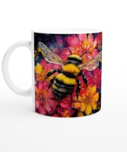 Färgsprakande Blomsterbi – Keramisk Mugg med Akvarellkonst