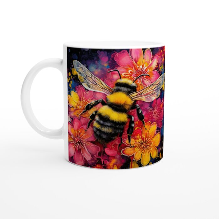 Färgsprakande Blomsterbi – Keramisk Mugg med Akvarellkonst