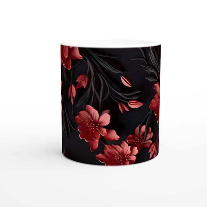 Elegant Mörk Blommig Keramisk Mugg – 11 oz Vit Kaffekopp med Intensiva Röda Blommor