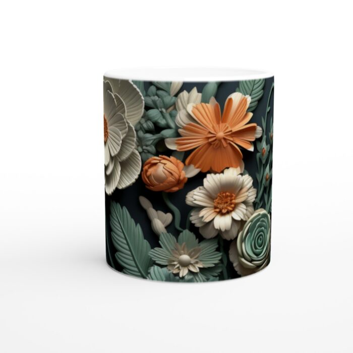 Vit 11oz keramisk mugg med konstnärliga blomstermotiv i 3D-stil – perfekt för present eller vardagslyx