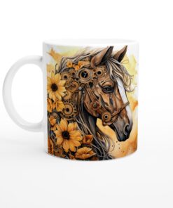 Steampunk Häst Keramisk Mugg – Konstnärlig Design med Solrosor & Kugghjul