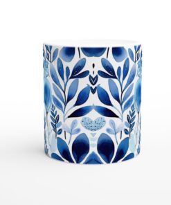 Marinblå Botanisk Akvarellmugg – Elegant 11oz Keramisk Kaffekopp