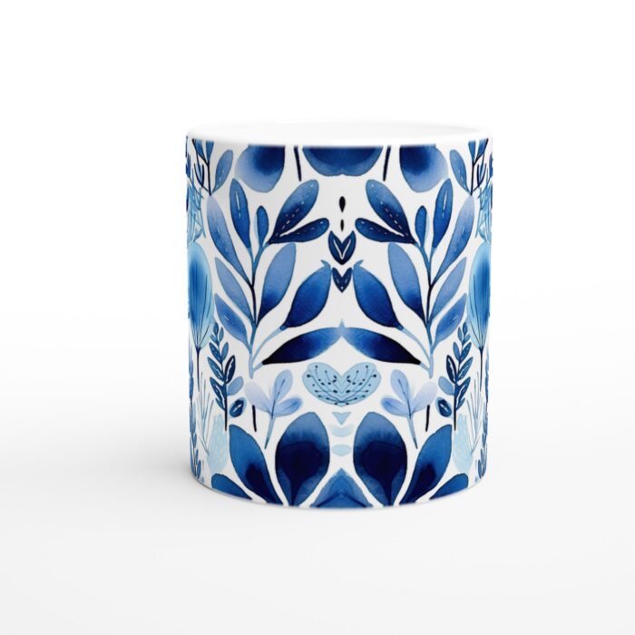 Marinblå Botanisk Akvarellmugg – Elegant 11oz Keramisk Kaffekopp