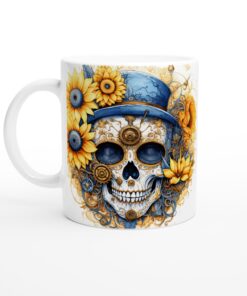 Steampunk Skull Mugg – Unik design med solrosor och blå accent