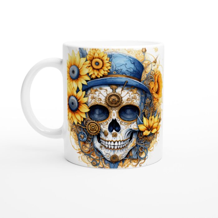 Steampunk Skull Mugg – Unik design med solrosor och blå accent