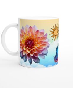 Keramisk mugg – “Sunny Days” med färgglad katt & dahlior