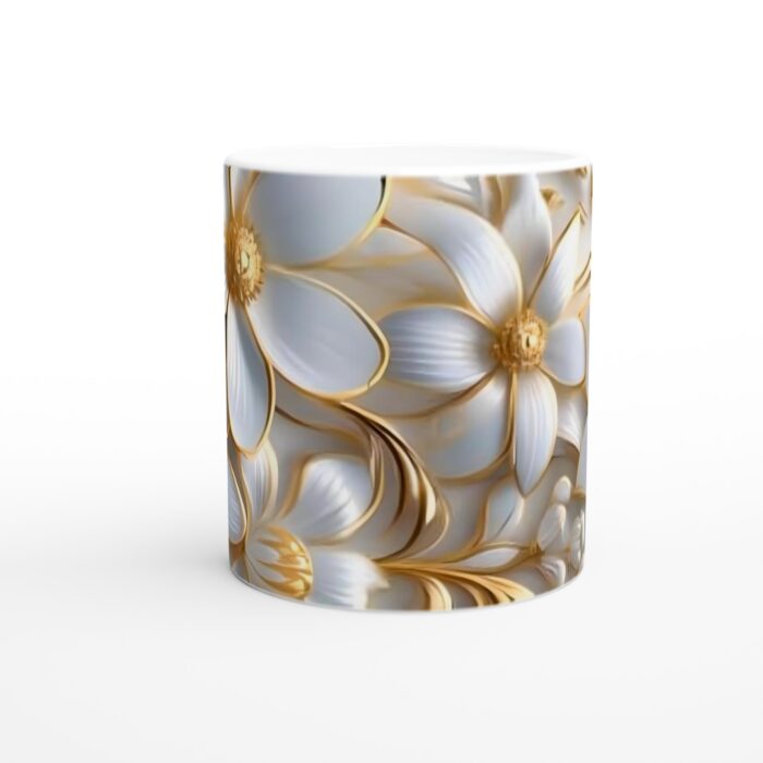 Lyxig Vit Keramisk Mugg med Gyllene Blommönster – 11 oz