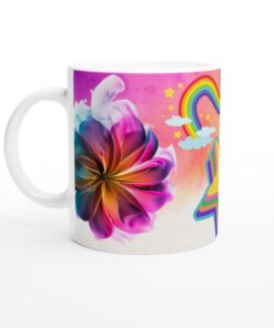 Färgexplosion – Keramisk Mugg med Regnbågsstjärnor och Abstrakta Blommor – Livfulla färger, 11 oz